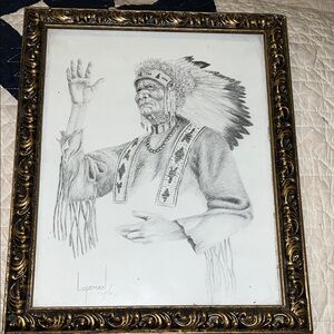 Dick Lopeman signed Native American Chief pencil sketch Print 9.5” x 11.5”